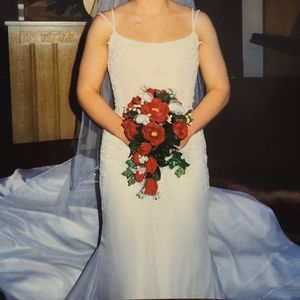 Mary's Flower and Rhinestone Embellished Fitted wedding gown with attached train